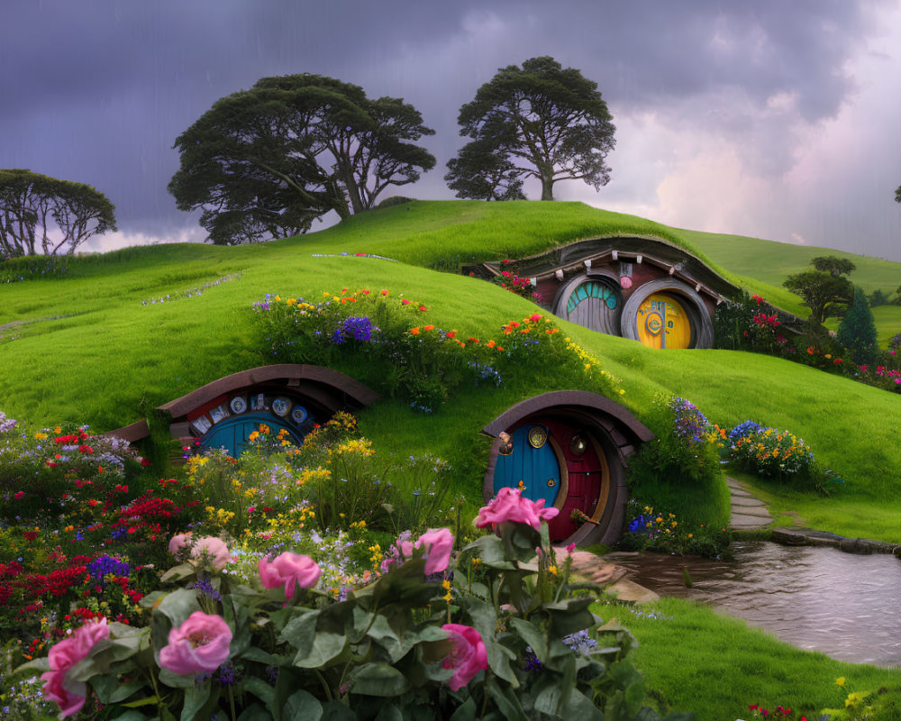 Vibrant flowers and hobbit-hole doors in lush green hills under a moody sky