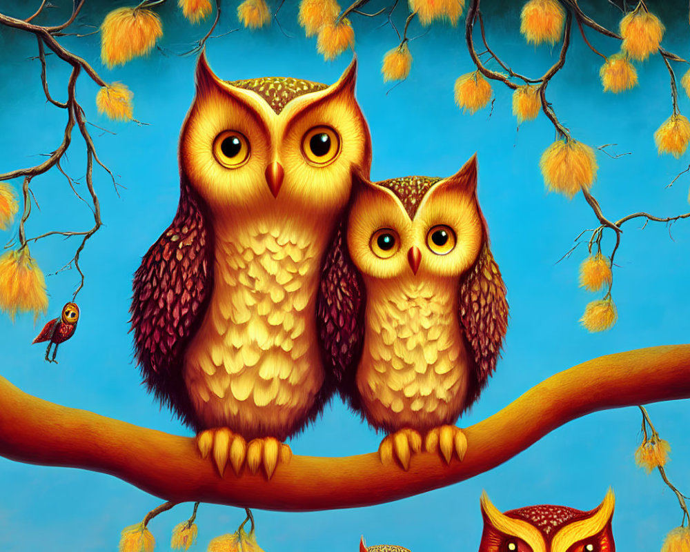 Stylized owls on branch against blue sky with autumn leaves