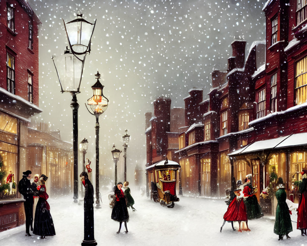 Victorian-era street scene with snow, street lamps, and Christmas decorations