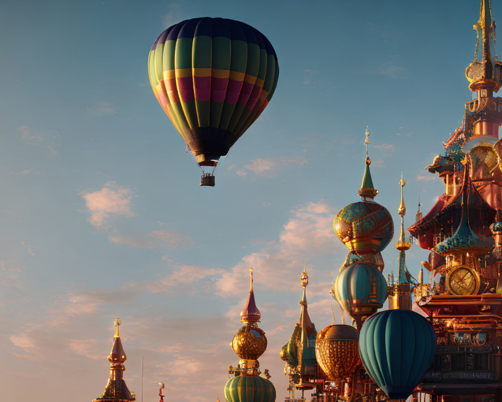 Vibrant hot air balloon over fantastical cityscape