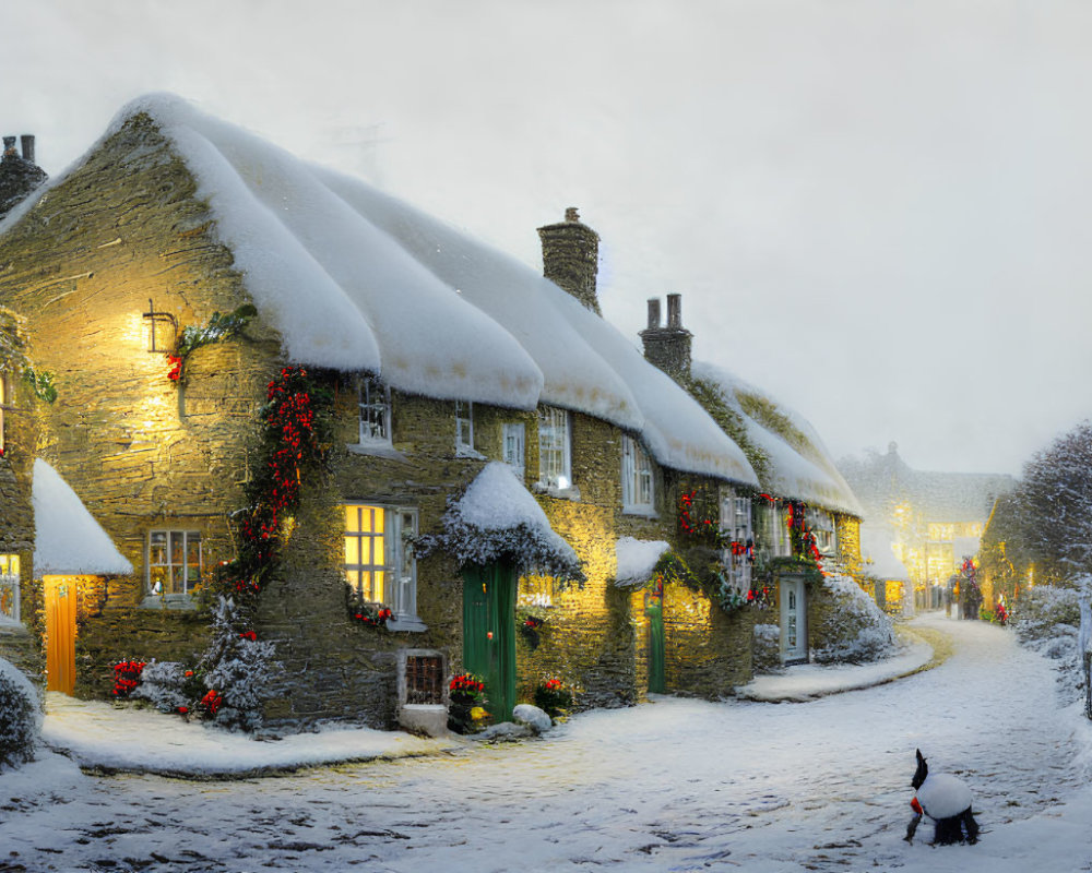 Snow-covered cottages with Christmas decorations and a cat in snowy street at dusk