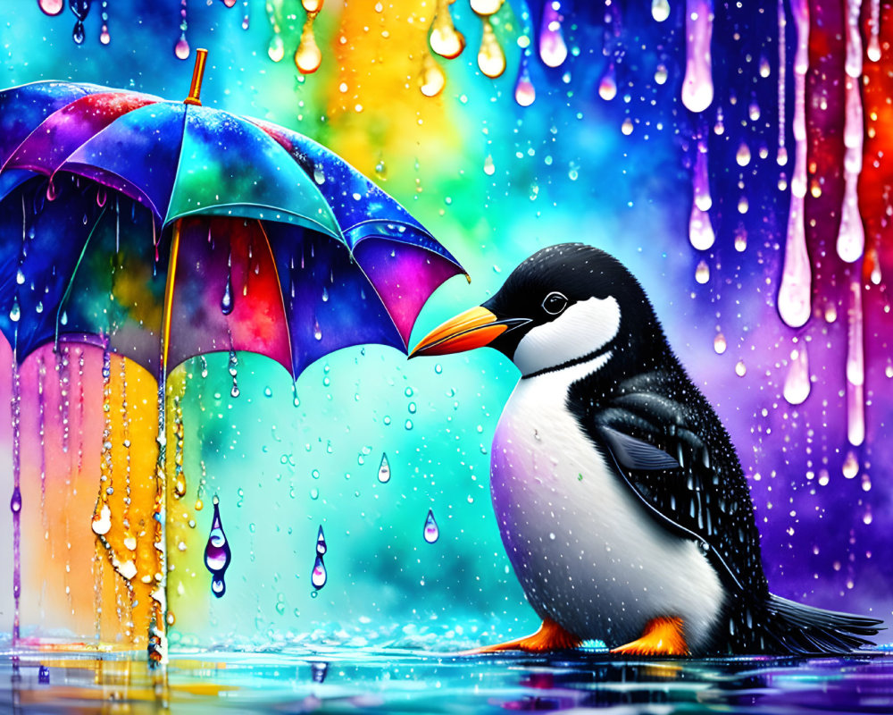 Colorful Penguin Holding Umbrella in Vibrant Raindrops on Rainbow Background