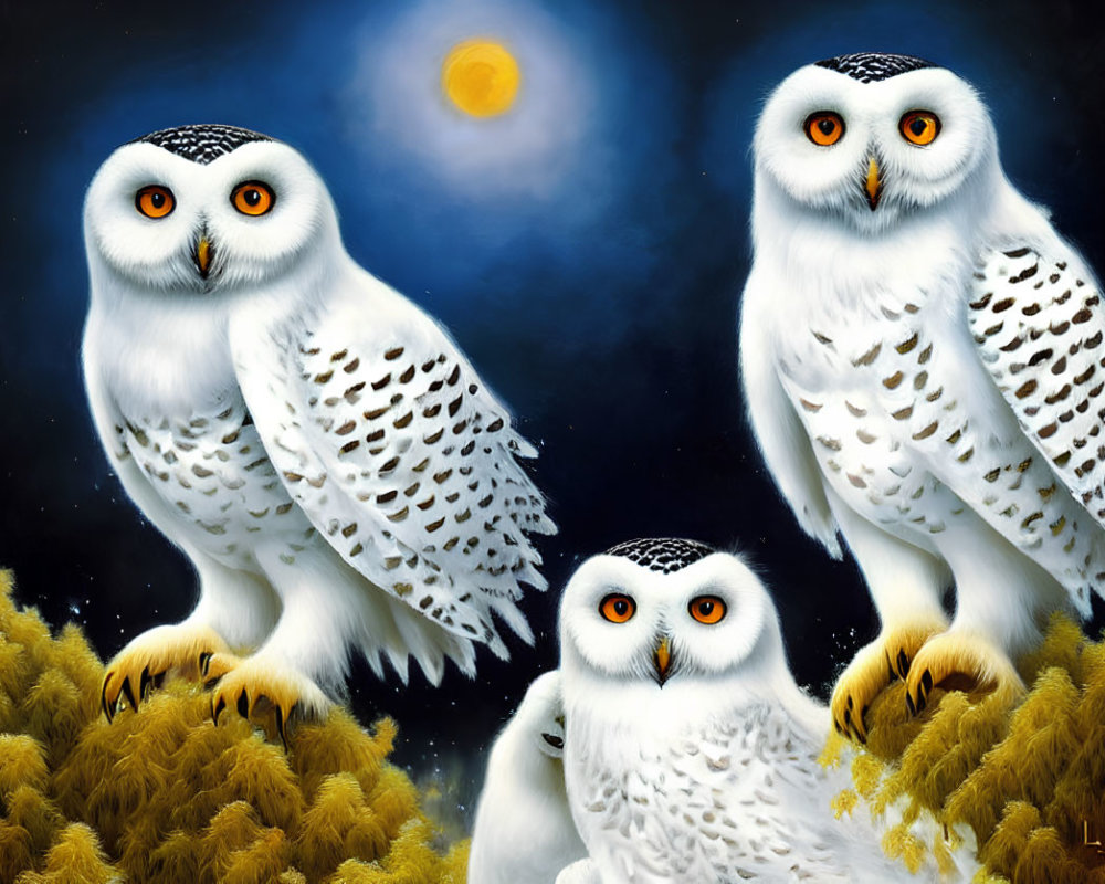 Three snowy owls perched under full moon in night sky