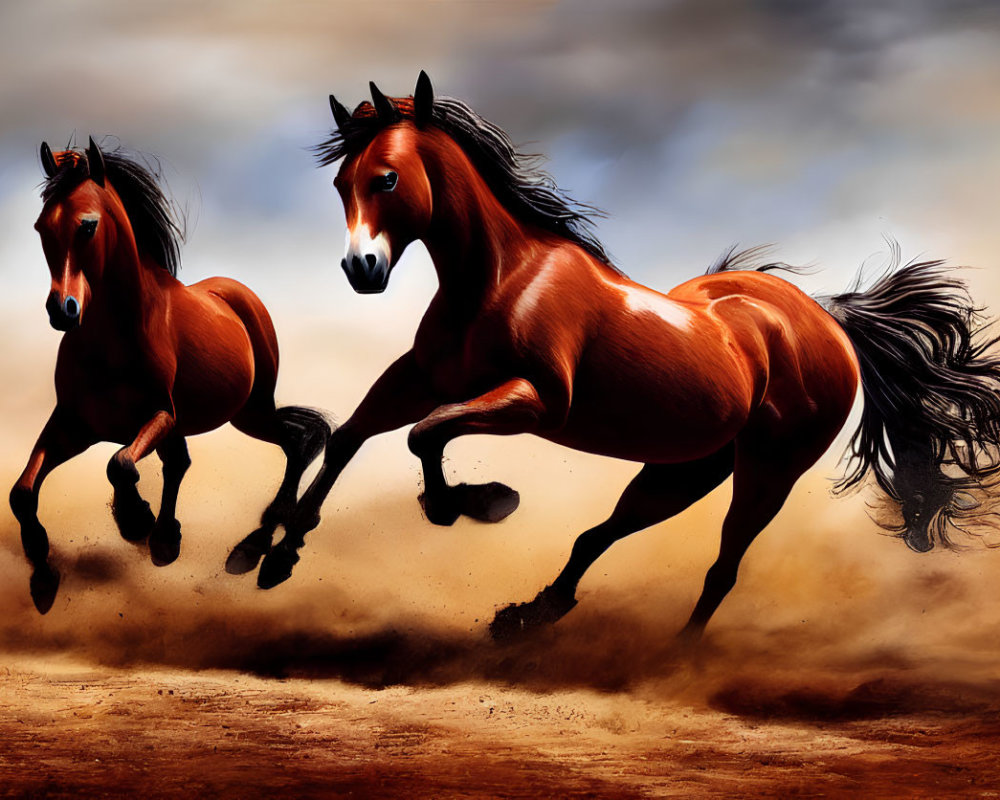 Majestic horses galloping under dramatic sky