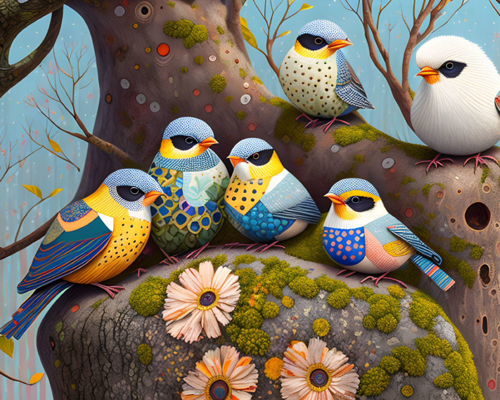 Vibrant stylized birds perched on tree branch in whimsical forest
