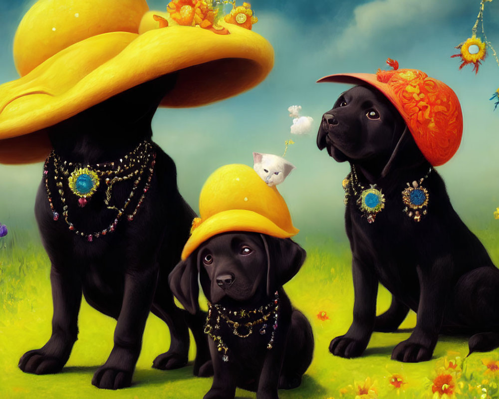 Stylized dogs in ornate yellow hats with kitten in whimsical field
