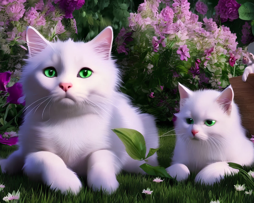 White Cats with Green Eyes in Colorful Flower Garden