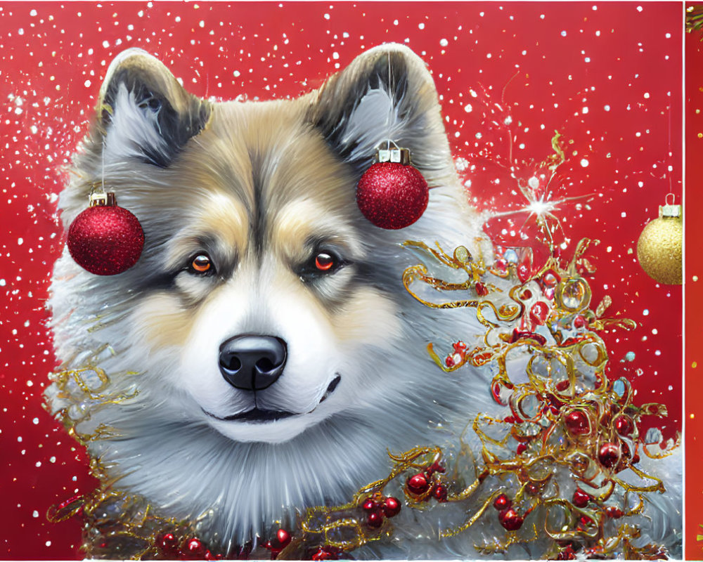 Festive dog illustration with red Christmas ornaments and golden decorations