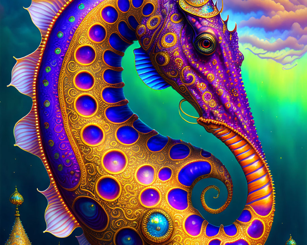 Fantastical seahorse illustration with jeweled texture and crown against whimsical sky