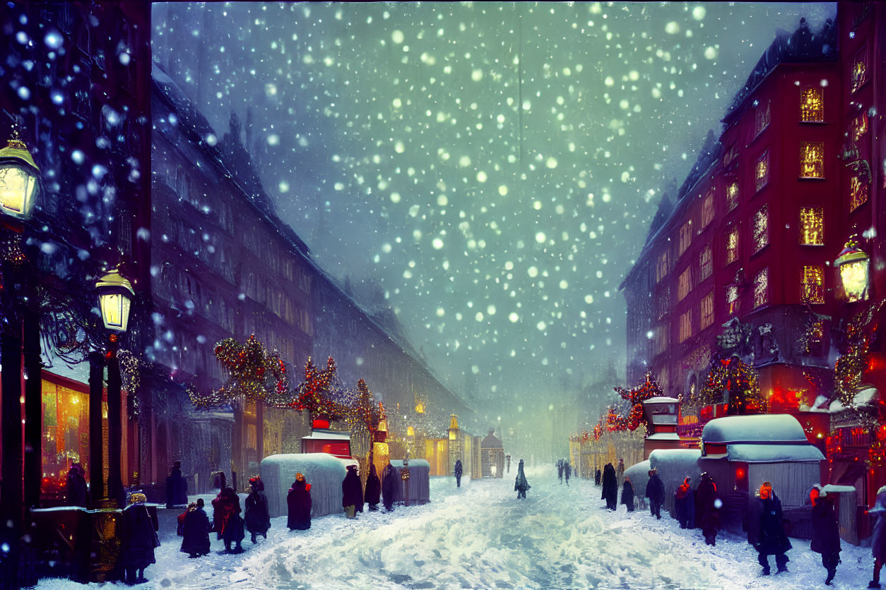 Snowy Winter Scene: Busy Street with Festive Decorations & Vintage Lamps