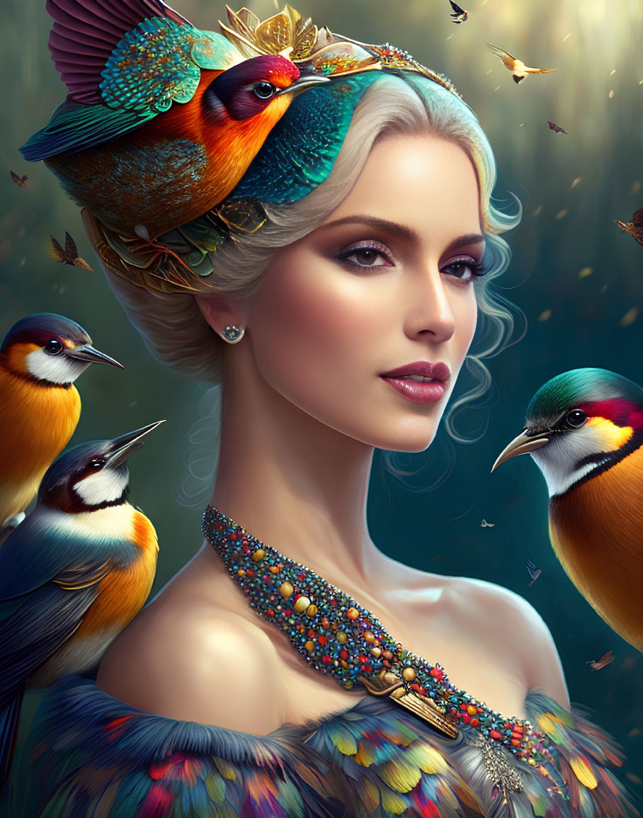 Fair-skinned woman with platinum blonde hair adorned with colorful birds and intricate jewelry in a golden, dream