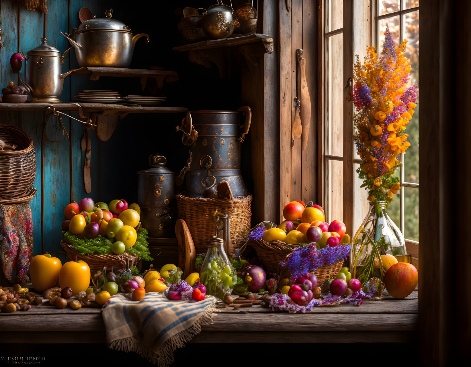 Rustic kitchen window with abundant fruits, wicker baskets, copper pots, and autumn foliage in