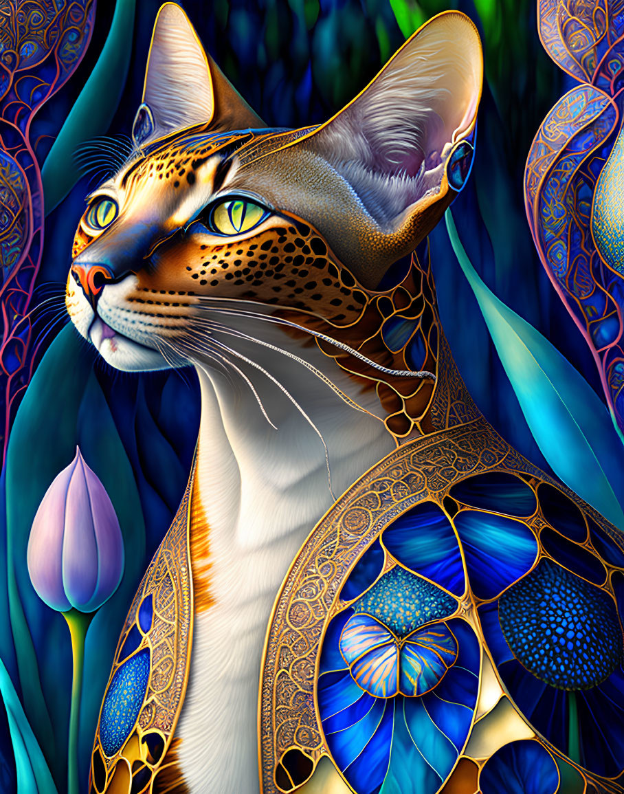 Colorful Stylized Cat Artwork with Gold Accents on Floral Background