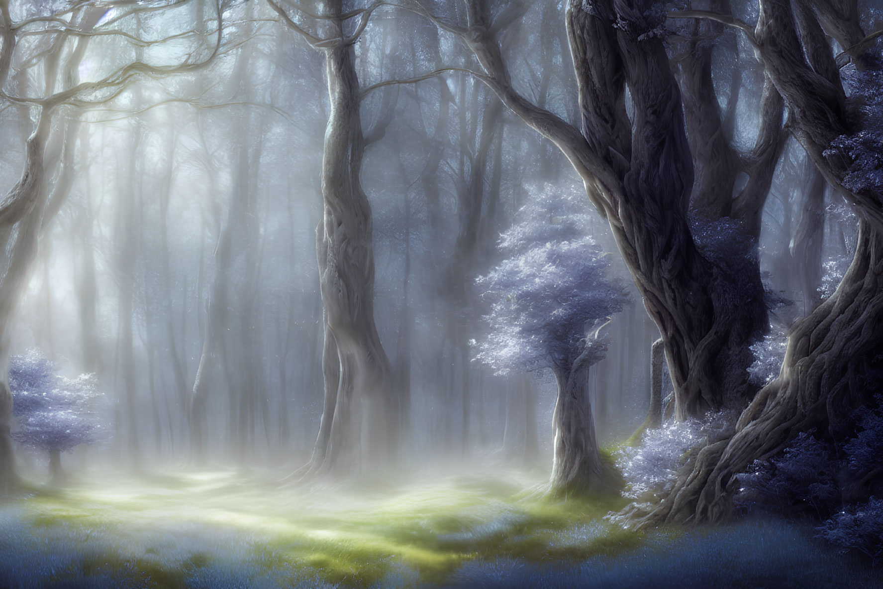 Mystical forest scene with twisted trees and purple foliage