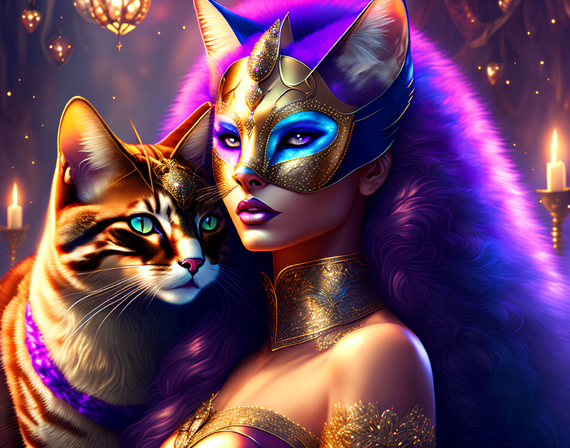 Gold-adorned woman and cat masks in candlelit purple setting
