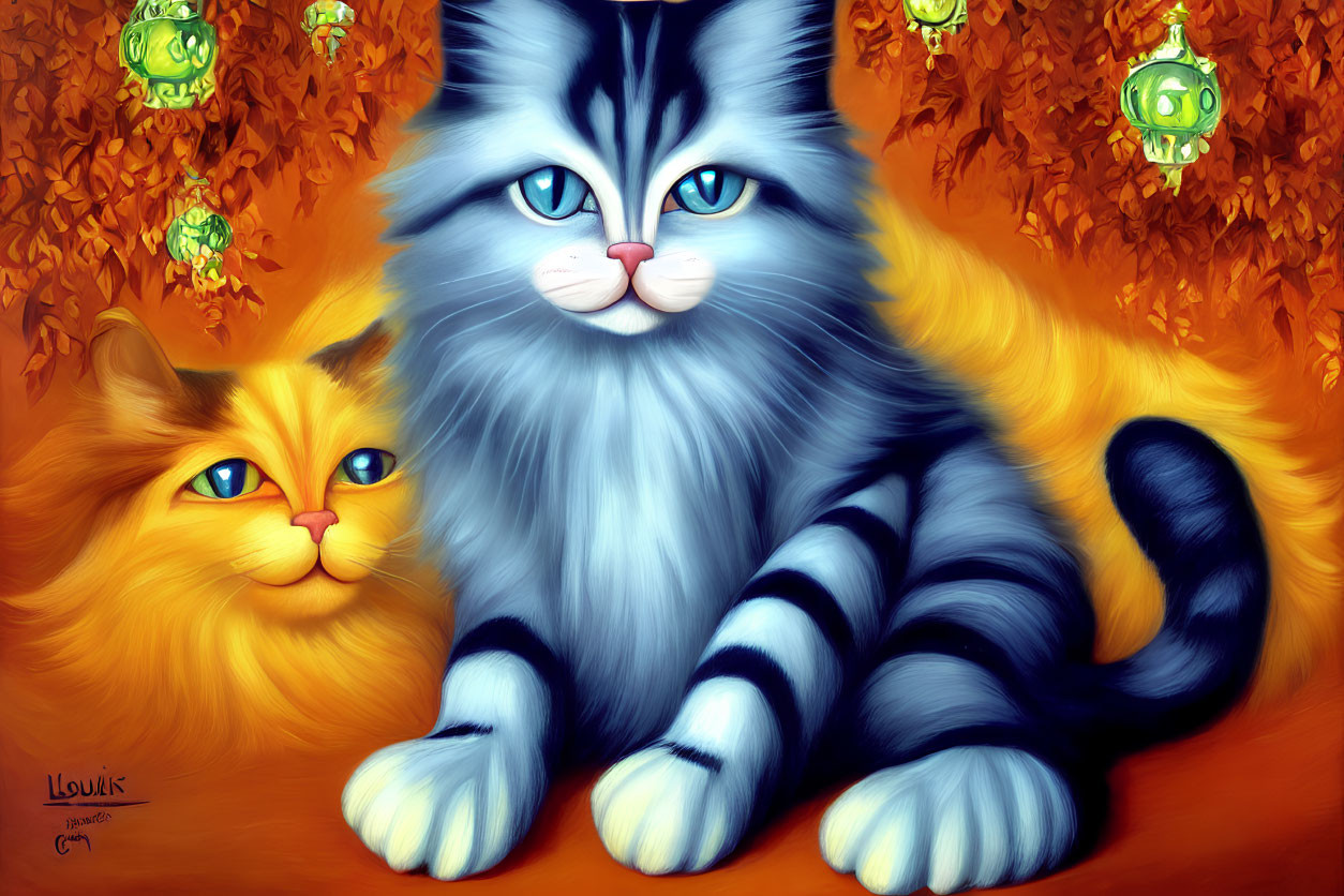 Illustrated orange and grey-striped cats in vibrant autumn setting