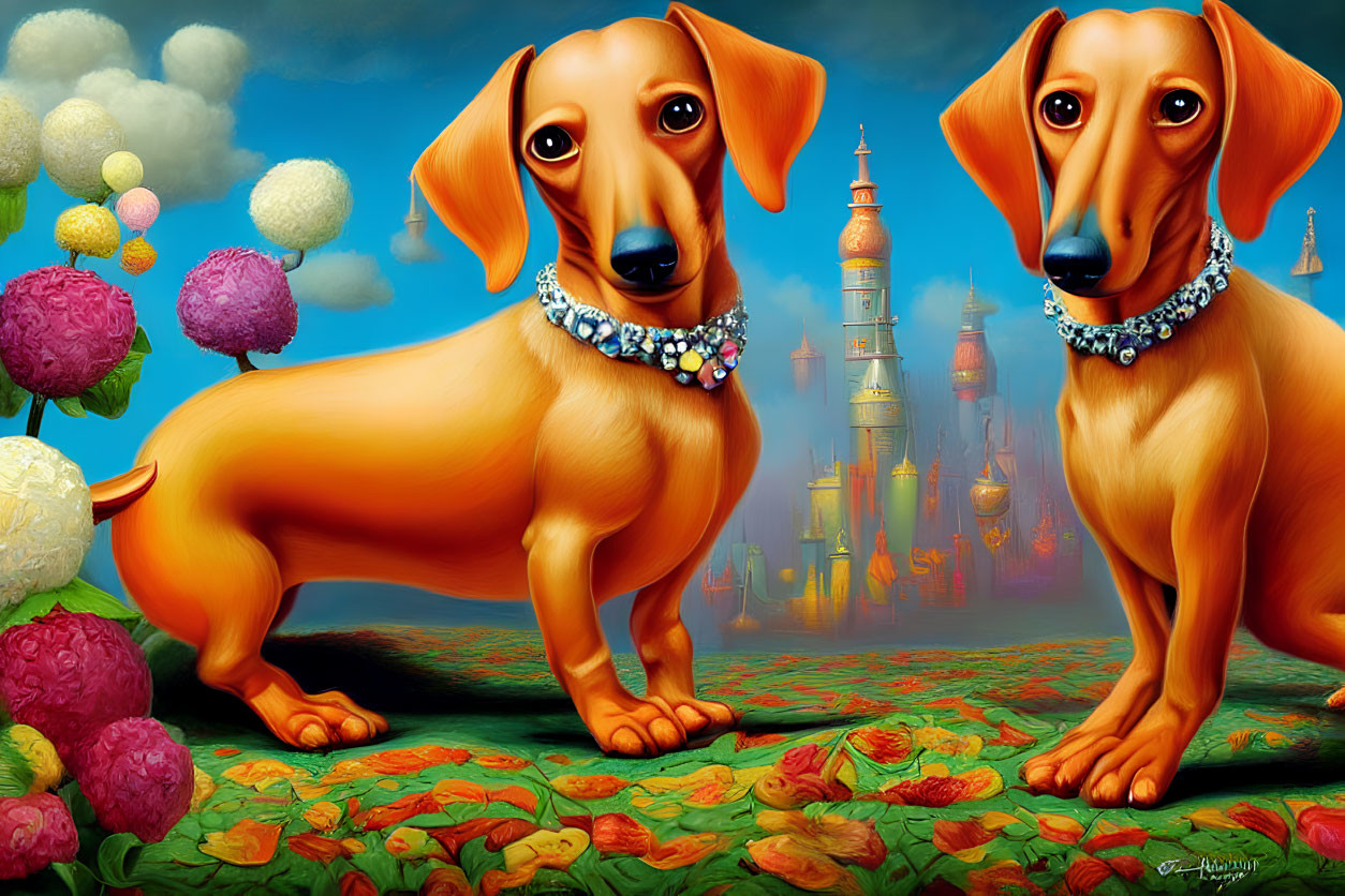 Cartoon dachshunds in fantasy landscape with sparkling collars