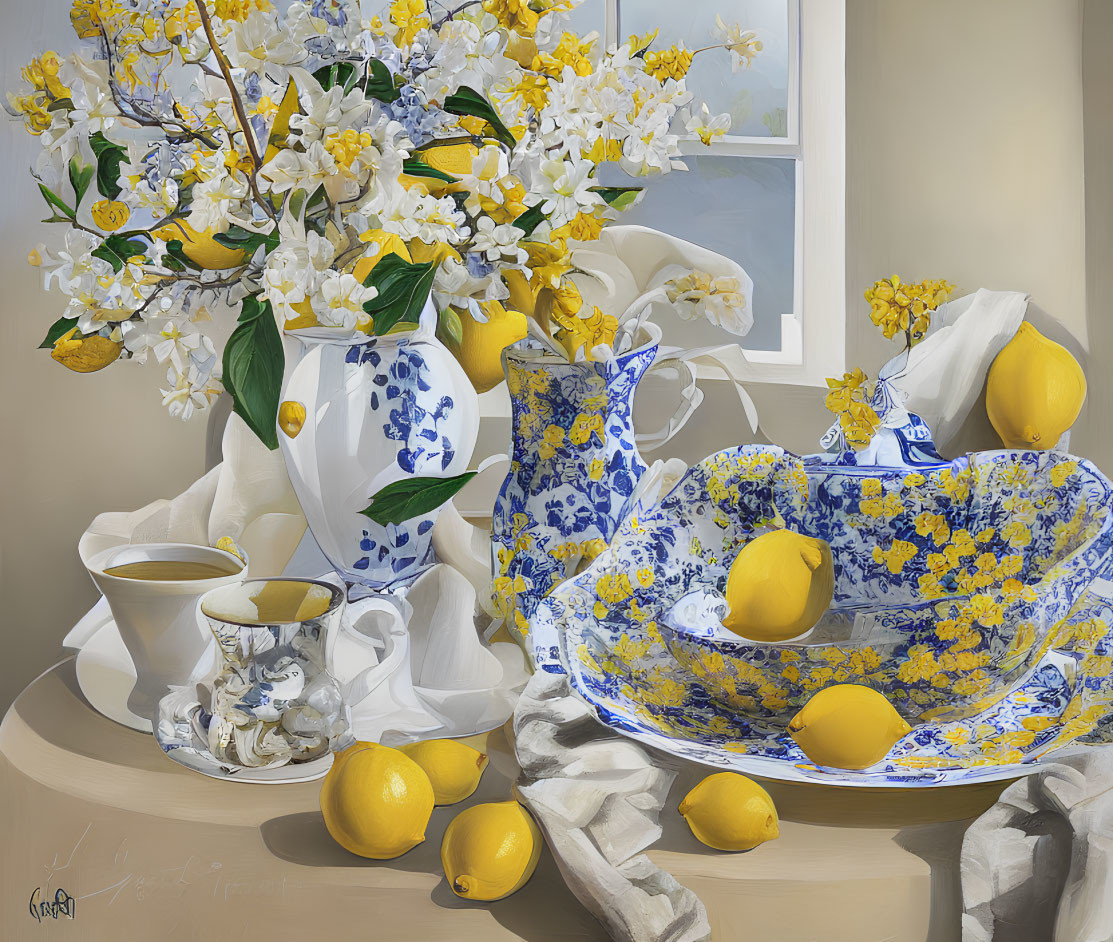 Blue and White Porcelain Tea Set with Lemons and Flowers on Draped Table