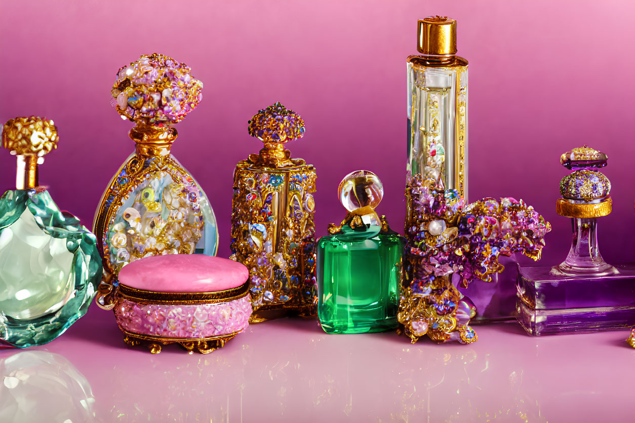 Colorful Ornate Perfume Bottles with Jeweled Designs on Pink Background