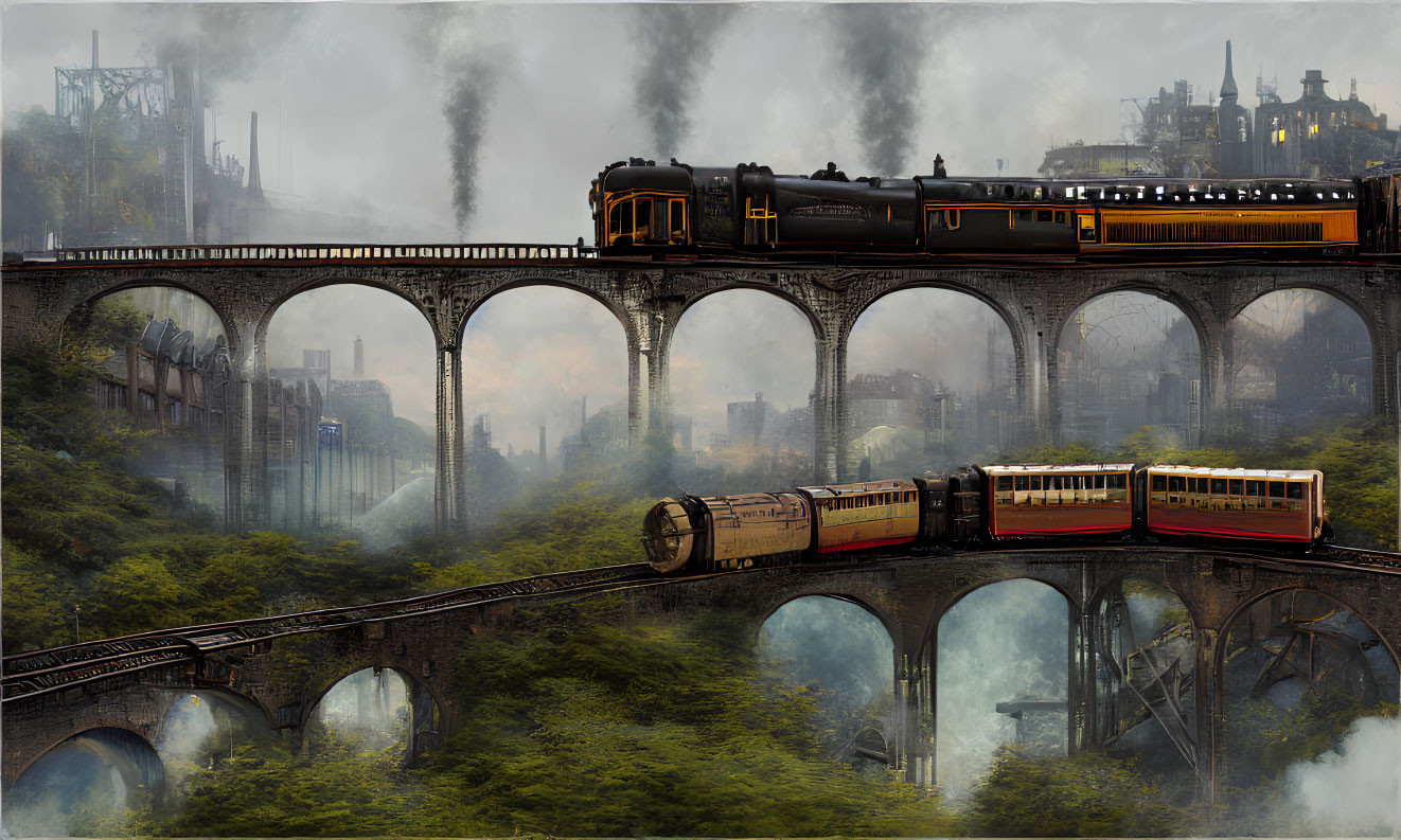 Steam train on double-arched bridge with industrial backdrop