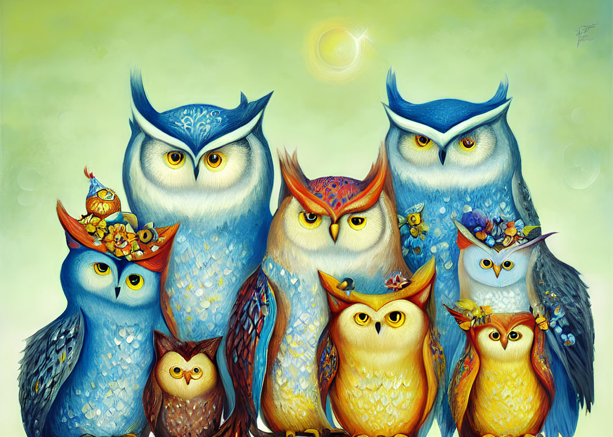 Seven Colorful Stylized Owls on Dreamy Yellow-Green Background
