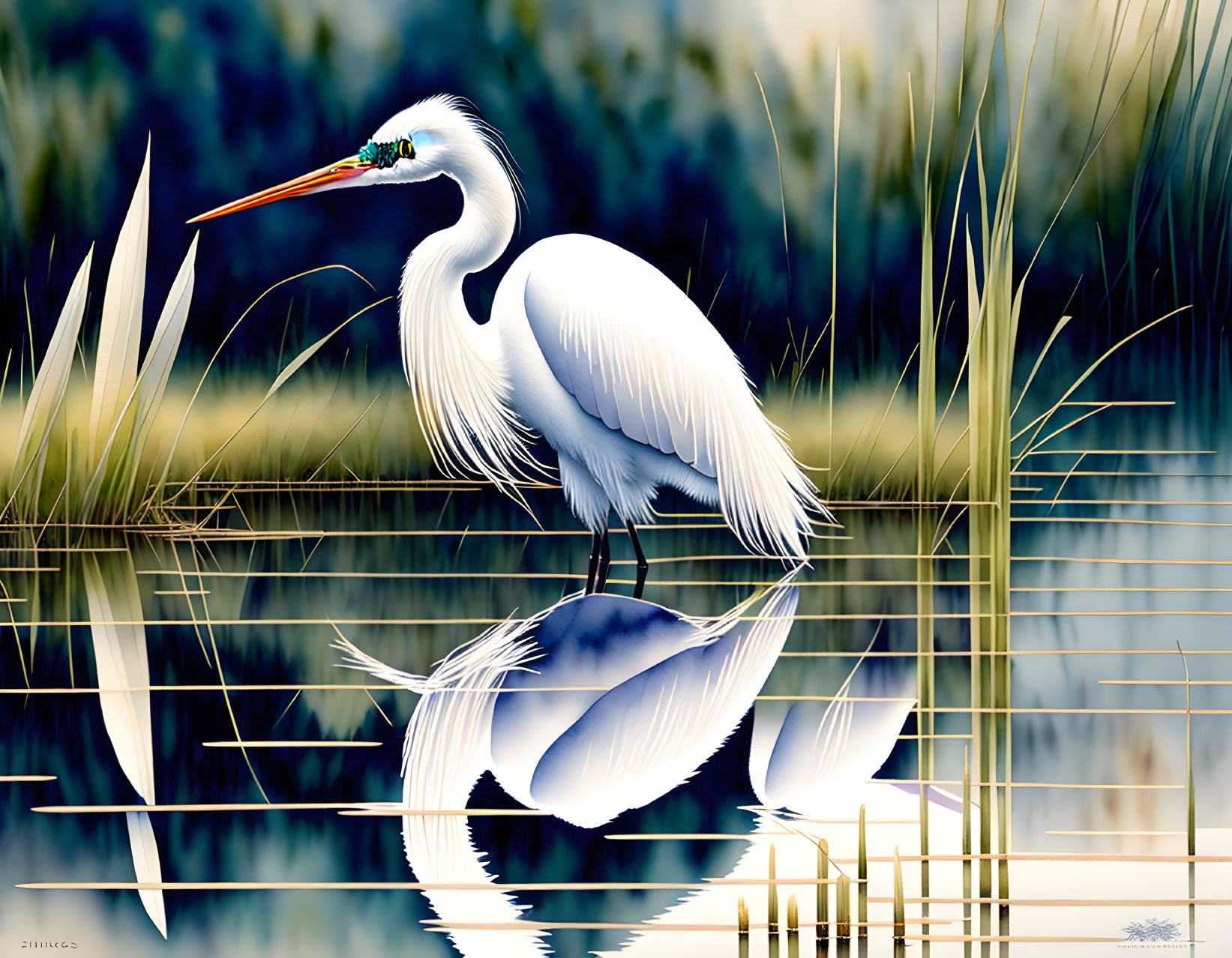 White egret in serene wetland with detailed plumage and reflection