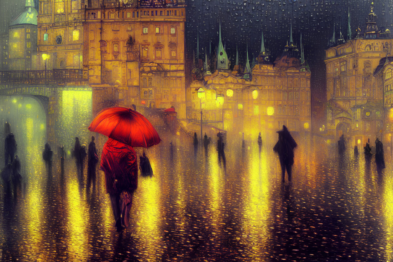 Rainy cobblestone square with streetlights, silhouettes of people and red umbrella.