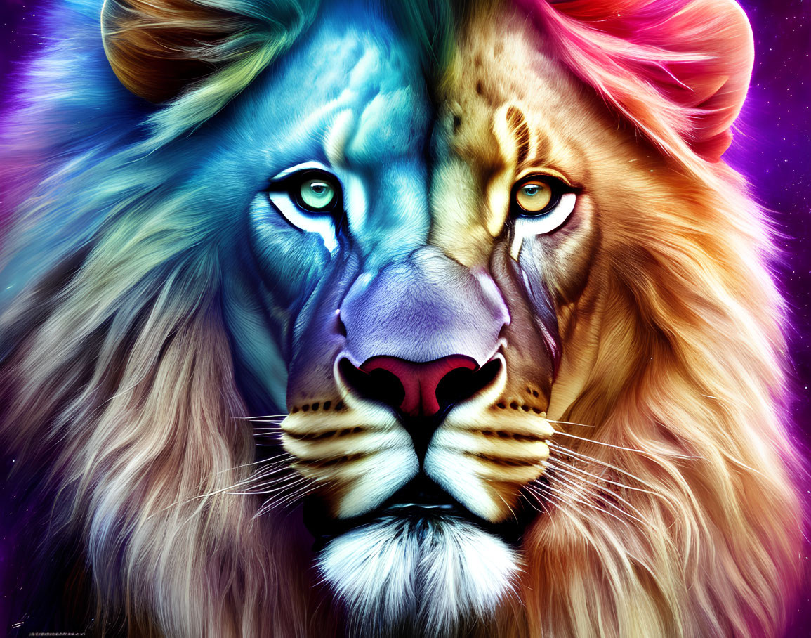 Multicolored mane lion digital artwork with blue-tinted face