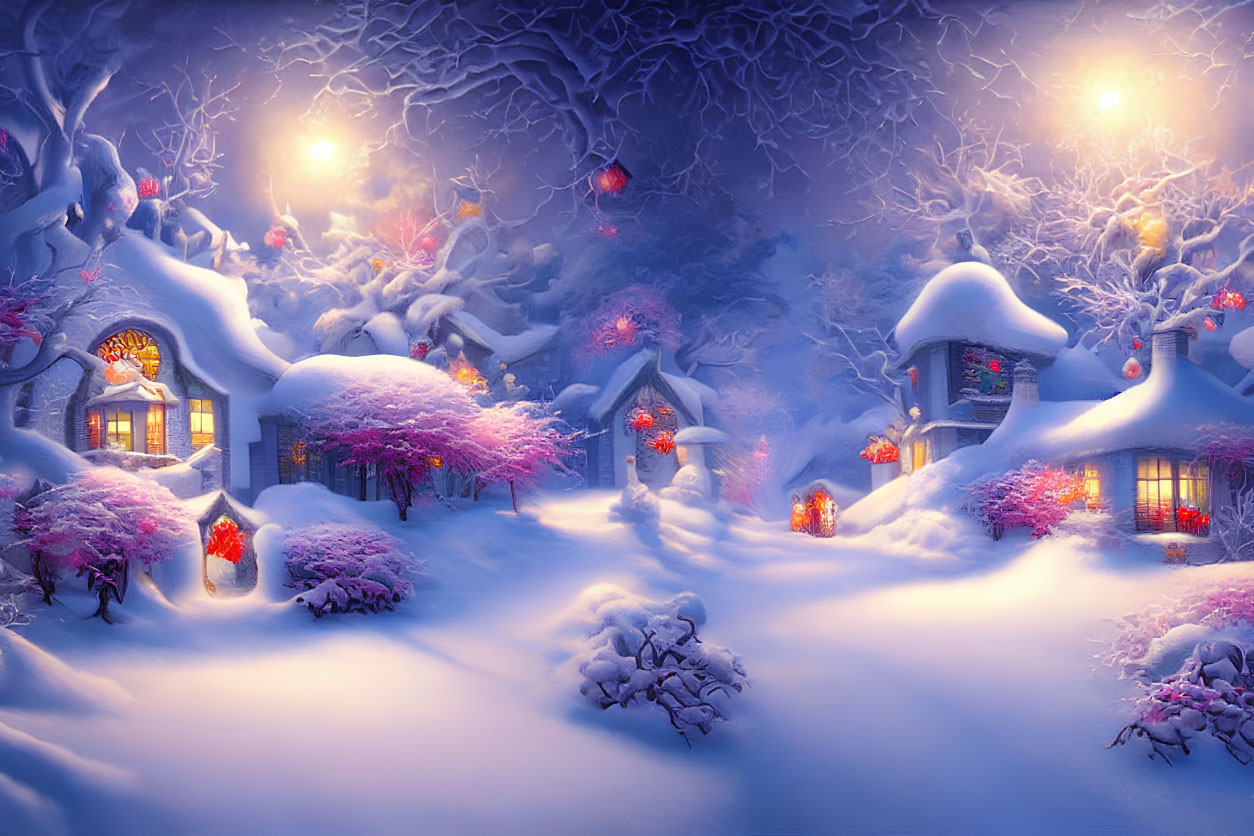 Snow-covered cottages, glowing lanterns, and snowy trees in a magical winter twilight.