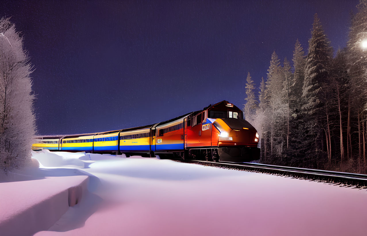 Bright headlamp train in snowy night landscape