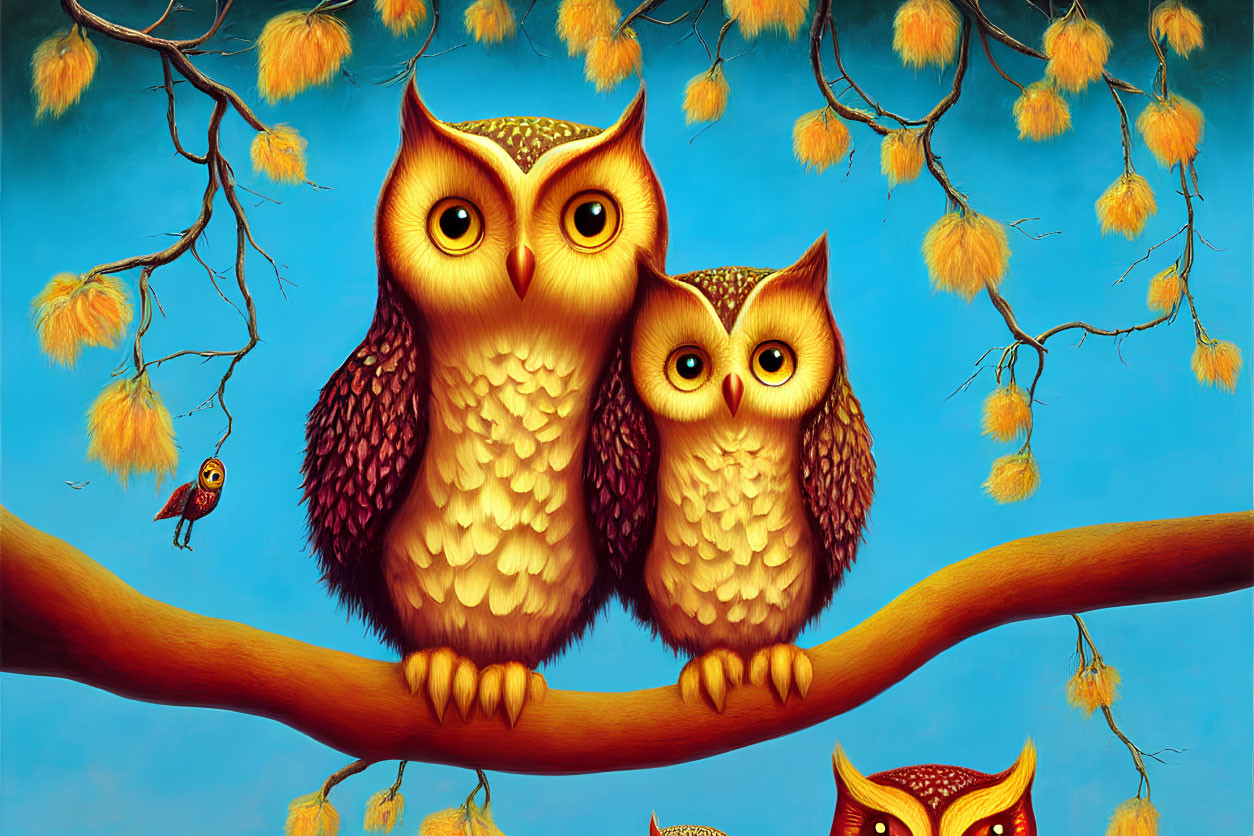 Stylized owls on branch against blue sky with autumn leaves