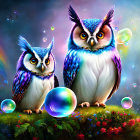 Colorful Stylized Owls on Branch with Vibrant Psychedelic Background