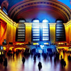 Blurred figures in busy train station with high arched ceiling