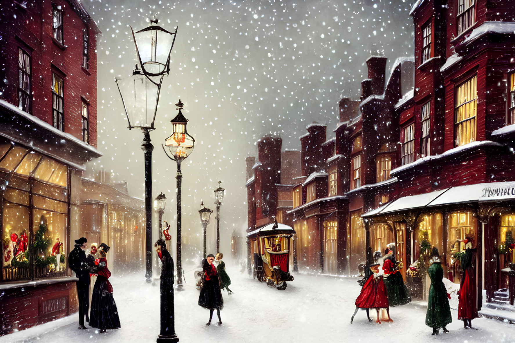 Victorian-era street scene with snow, street lamps, and Christmas decorations