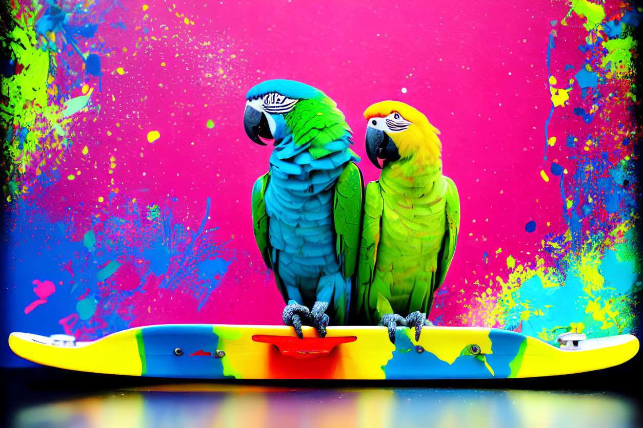 Colorful Parrots Perched on Skateboard with Vibrant Paint Splashes
