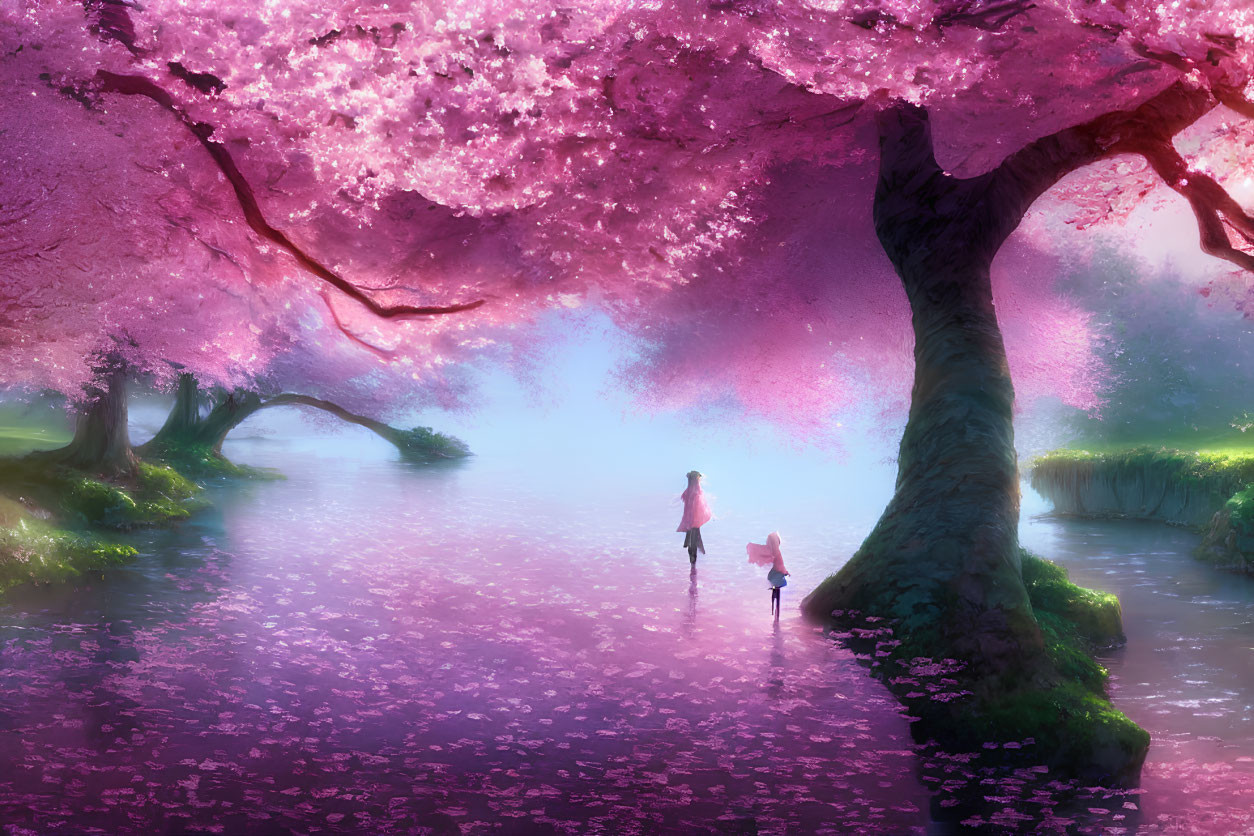 Person and dog walking under cherry blossom trees near pink waterway.