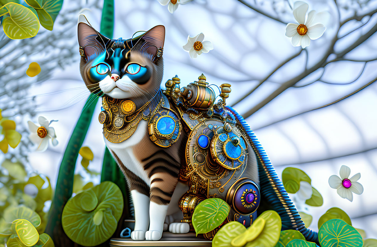 Mechanical steampunk-style cat with gear and clockwork details in lush floral setting
