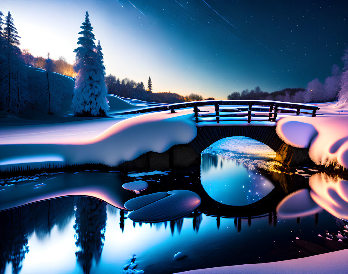 Snow-covered winter night with starry sky, bridge over calm river.