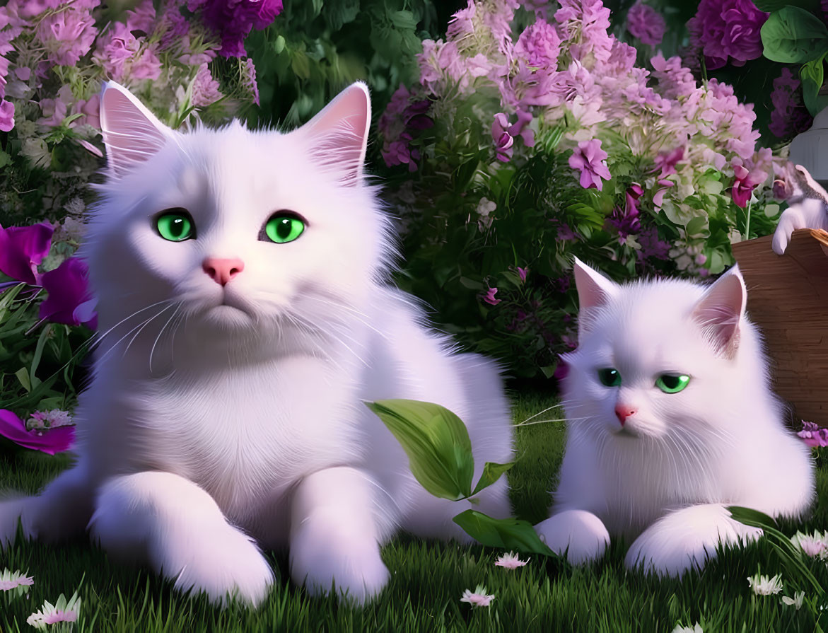 White Cats with Green Eyes in Colorful Flower Garden