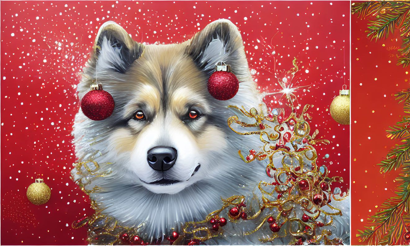 Festive dog illustration with red Christmas ornaments and golden decorations