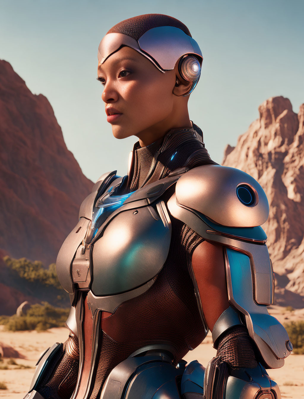 Futuristic female figure in sleek armor with high-tech helmet in desert landscape