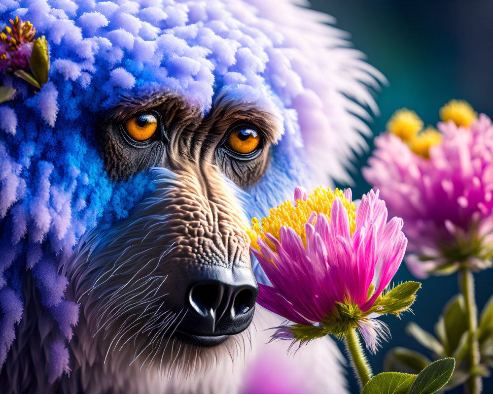 Detailed surreal illustration: Blue-furred monkey surrounded by vibrant flowers