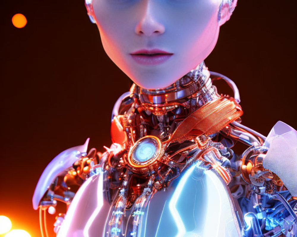 Detailed humanoid robot with glowing blue lights on mechanical neck and torso against dark background.