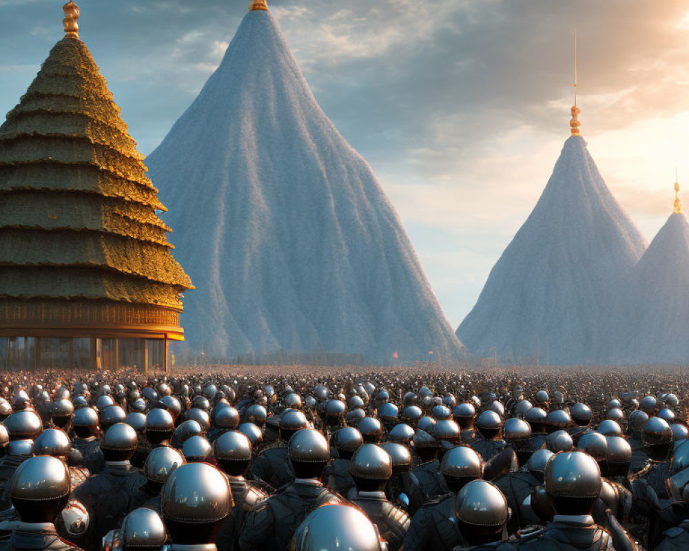 Futuristic armor assembly near cone-shaped mountains and traditional pagoda at sunset
