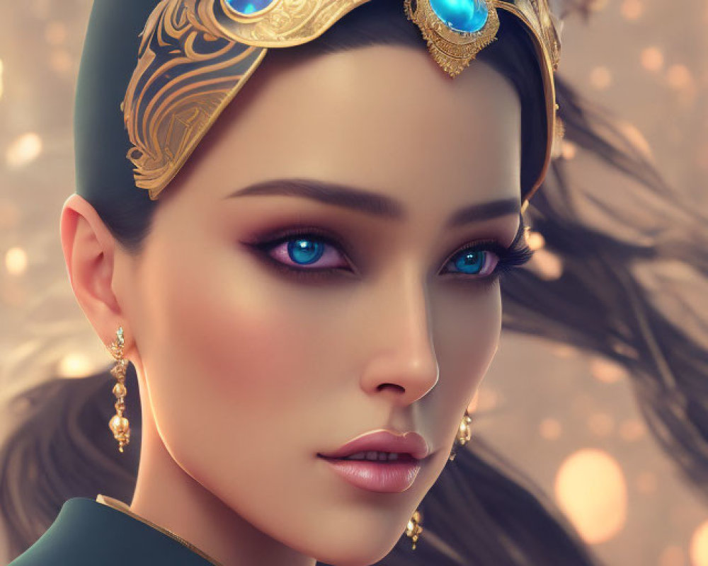 Digital artwork of woman with striking blue eyes and gold & turquoise headpiece.