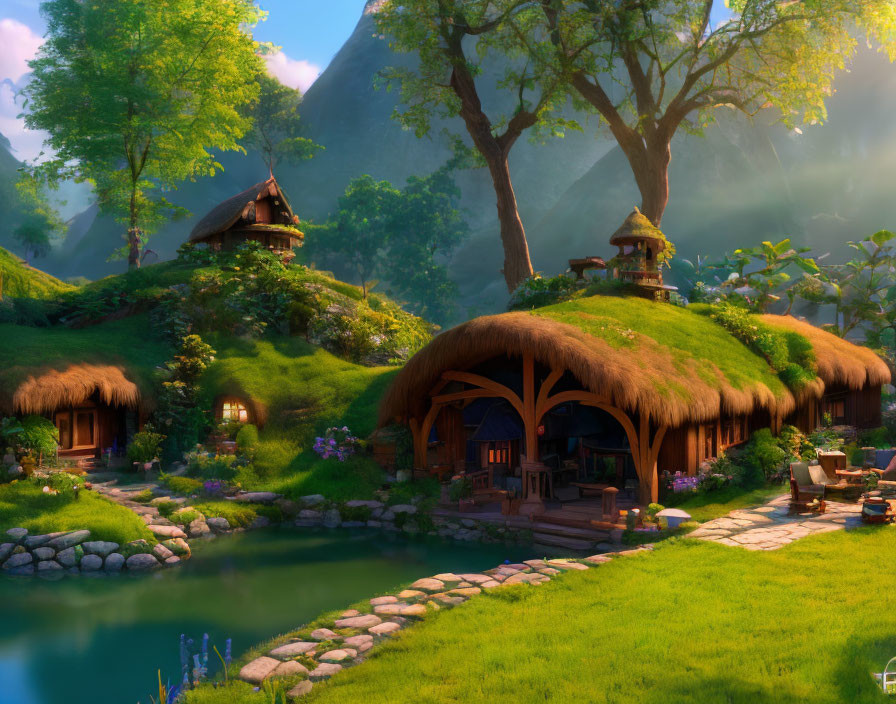 Tranquil fantasy village with thatched-roof cottages & lush greenery