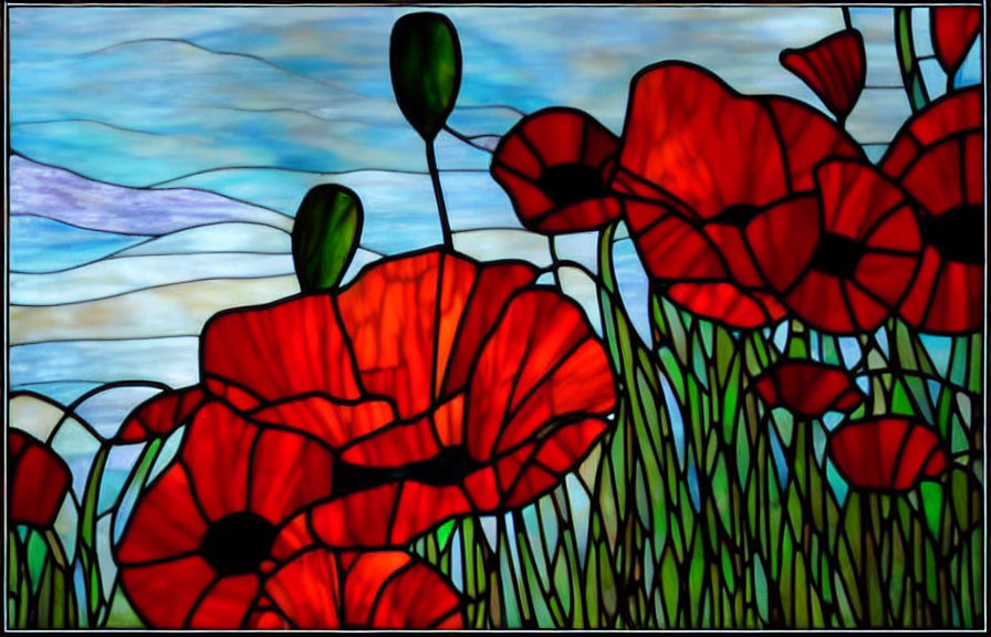 Vibrant red poppies in stained-glass artwork