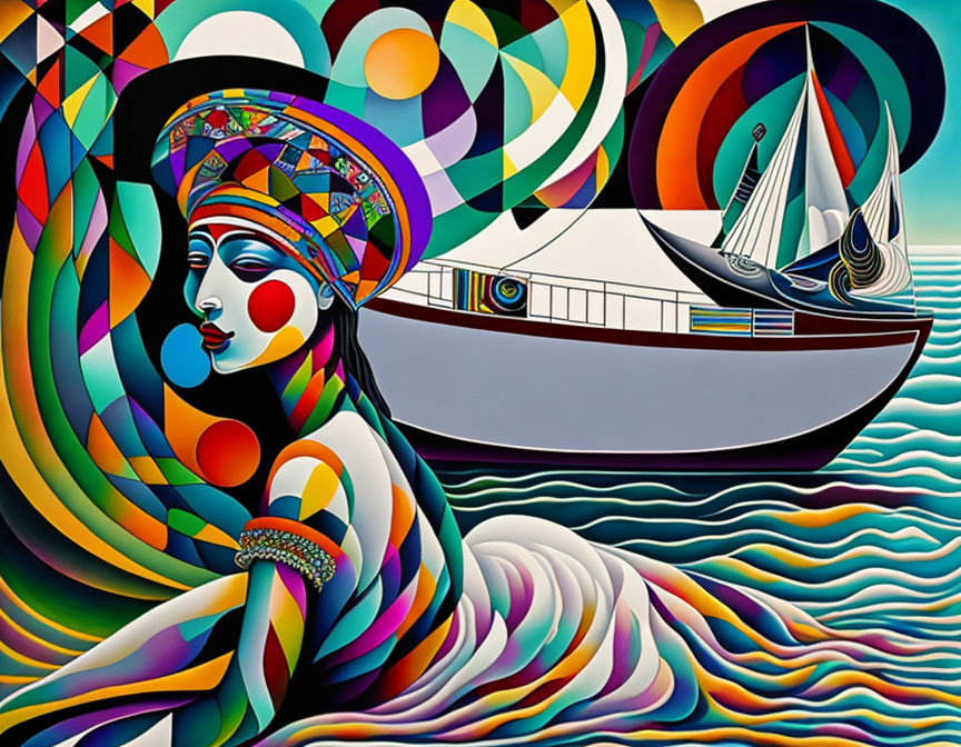 Vibrant artwork with woman in headdress and sailboat on swirling waves