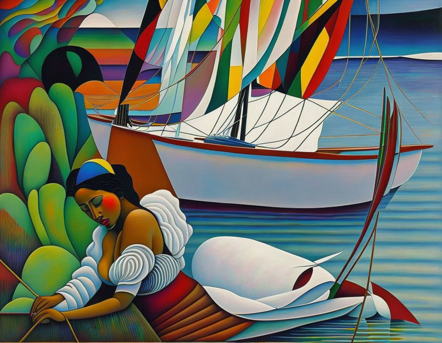 Surreal painting of woman near colorful sailboat