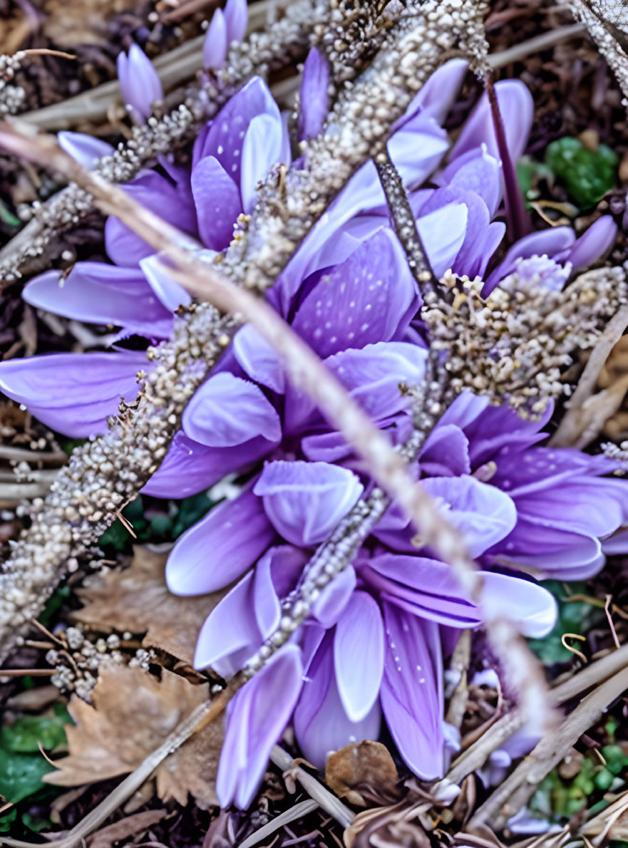 Vibrant Purple Crocus Flowers Among Brown Twigs and Water Droplets